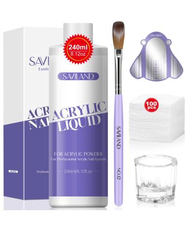 Saviland EMA Monomer Acrylic Nail Liquid 8oz: Low Odor EMA Nail Brush Size 12 for Acrylic Powder with Nail Forms Dappen Dish Cleaning Pads Acrylic Nail Tools for Beginners DIY Nail Extension 5pcs