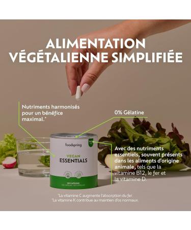 foodspring - Vegan Essentials all-in-one multivitamin complex in 120 highly dosed & gelatin-free capsules - Food supplement preparation with 5 essential vitamins & minerals each - Buy Online on GoSupps.com