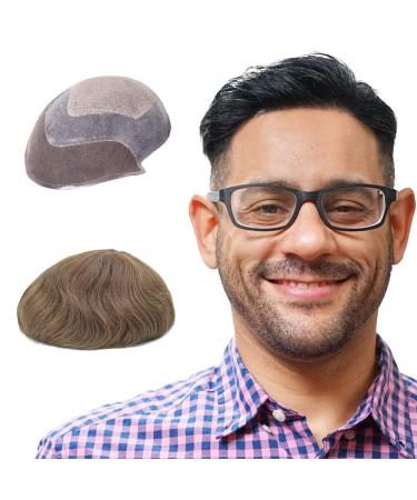 Lordhair Knotless Toupee for Men Skin Flat Injected Lace Front Human Hair System Base Size 8x10 Inch Light Medium Density Front Contour A Shape Mens Hairpiece Light Brown 7#(ASH)