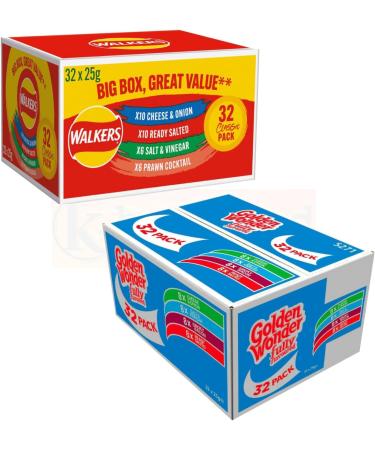 Golden Wonder Fully Flavoured Blue Box And Walkers Big Red Box Cheese and Onion Salt and Vinegar Smoky Bacon Ready Salted Prawn Cocktails 32pkx25g Each Box/Total 64 Individual Bags - Buy Online on GoSupps.com
