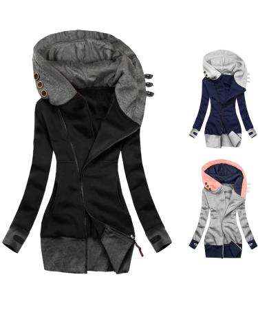 AMIMOJY Women's Sweatshirt Jackets Winter Fall Zipper Hooded Long Coats Casual Long Sleeve Hoodies Outwear Black XX-Large