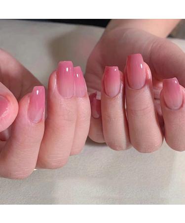 24pcs French False Nails Short - Gradual Change Square Press on Nails - Full Cover Acrylic False Nails With Glue - French Fake Nails Stick on Nails for Women Girls Nail Art (Dark Pink Gradient Design)