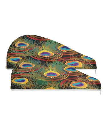 Peacock Feather Dry Hair Cap 2 Piece Quick Drying Towel Set with Button Headband Super Absorbent Soft & Comfortable
