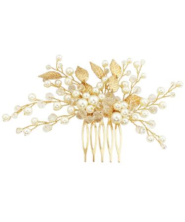 BETITETO Bridal Hair Comb Crystal Pearl Gold Leaf Wedding Hair Piece Accessories for Women Girls Party (Gold)
