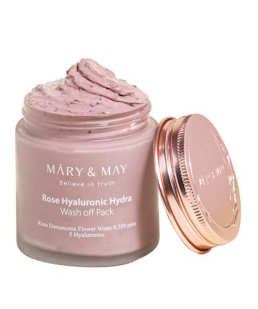 Mary&May Vegan Rose Hyaluronic Hydra Wash Off Mask 125g  Clean Pores  Sebum Control  Longer hydration  Hyaluronic  Rose Petals  Clay Mask  Korean Facial Mask  marynmay