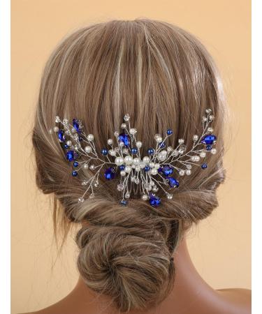 Sither Blue Crystal Hair Clip for Women Bridal Wedding Pearls Hair Comb for Women Headpiece Hair Accessories for Bride Party Prom Gift