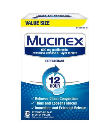 Mucinex 12 Hour Maximum Strength Chest Congestion Expectorant Tablets 600mg Guaifenesin with Extended Relief Pack of 1 120 Count