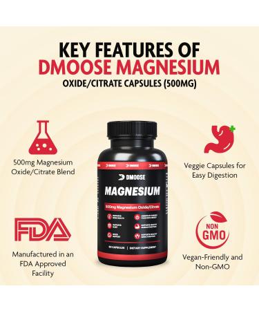 DMoose Magnesium Supplement for Men and Women - Magnesium Citrate Mineral Capsules for a Healthier You - Support Better Sleep with The Best Vegan Friendly 500mg Magnesium Oxide Capsules - Buy Online on GoSupps.com