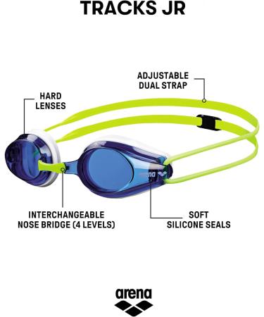 Arena Tracks Junior Anti-Fog Competition Swimming Goggles for Kids - UV Protection 4 Nasal Gaps Silicone Seals - Blue White Fluoyello (36) - Buy Online on GoSupps.com