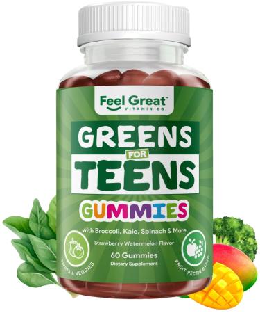 Feel Great Super Green Gummies Teen Vitamins | Vegan Veggie Gummy Multivitamin for Teens | Fruit and Vegetable Supplement | Veggie Fiber Supplement | 60 Count Teen Greens - 60 Count