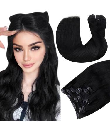 Clip in Hair Extensions Black Clip in Human Hair Extensions Natural Real Black Clip Hair Extensions Remy Thick Ends #1 100g 22 Inch