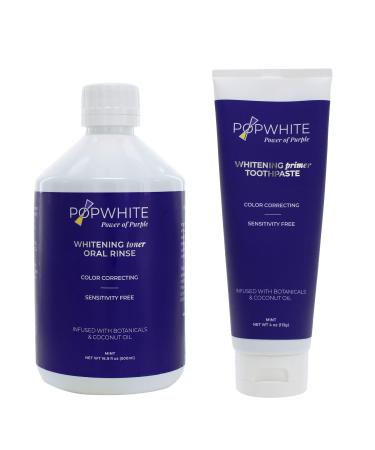 POPWHITE Purple Power Duo Natural Teeth Whitening with 4 oz Primer Toothpaste and 16.9 oz Whitening Toner Oral Rinse  Vegan and PETA Certified  Mint Flavor  USA Made - Manufacturer Date 2/21