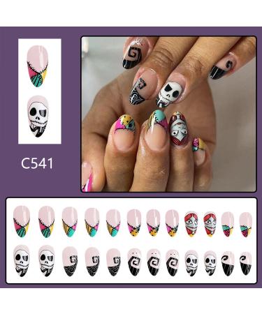 Halloween Press on Nails - Short Almond French Tip Skull & Ghost Designs | 24Pcs Full Cover Acrylic Artificial Nails for Women - Nightmare Before Christmas - Buy Online on GoSupps.com