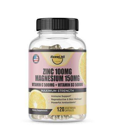 Happi Mi Nutrition Zinc Zinc 100mg Magnesium Glycinate 150mg Vitamin D3 5000 IU Vitamin C 500mg Per Serving Immune Support Immune Booster Zinc Magnesium Elemental Zinc Antioxidant Support