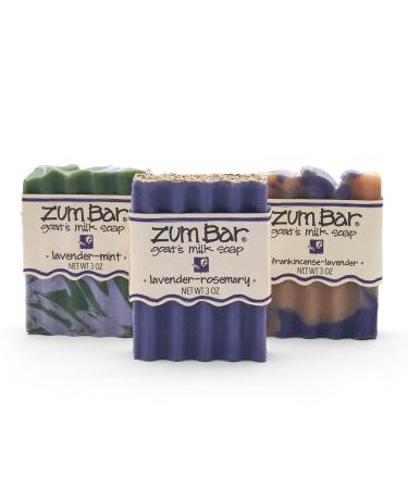 Indigo Wild Zum Bar Goat's Milk Soap - Lavender Blends - Frankincense-Lavender Lavender-Rosemary Lavender-Mint - 3 oz (3 Pack)
