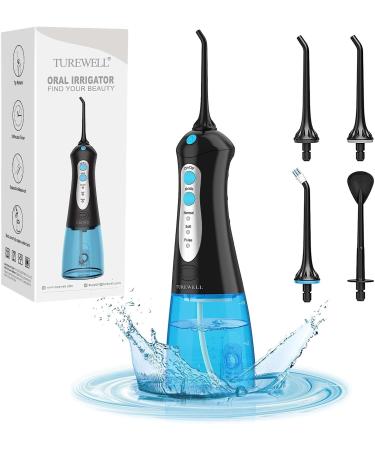 TUREWELL FC1592 Water Flosser for Teeth Cordless 300ML Water Tank Portable Oral Irrigator IPX7 Waterproof and 3 Modes with 4 Jet Tips for Family and Travel(Black)