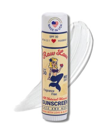 Raw Love Face Sunscreen Stick SPF 30 | Mineral Zinc Oxide + Organic Ingredients | Reef Safe Travel Sunscreen Stick for Face & Body | Fragrance-Free Water Resistant Safe for Kids and Babies | 0.6 Oz