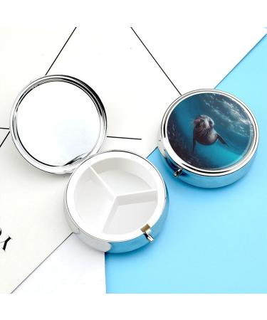 Underwater Sea Lion Print Round Pill Box | 3 Compartment Decorative Metal Pill Organizer | Portable Pocket Medicine Case - Buy Online on GoSupps.com