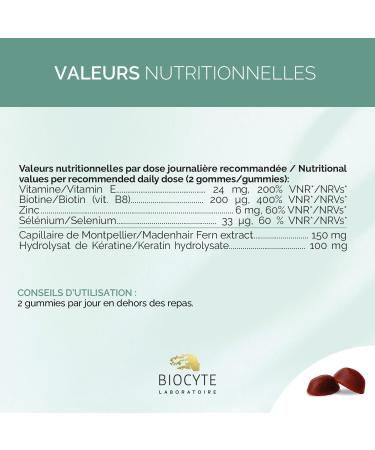 BIOCYTE Keratin Gummies - Anti-Hair Loss and Beauty Dietary Supplement - Keratin Vitamin E Zinc Selenium Biotin - 60 Gums - 30 Days - Buy Online on GoSupps.com