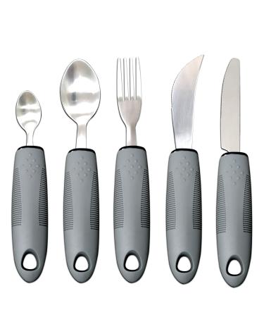 Extra Wide Handles Easy Grip Cutlery Set Chunky Handles Grips Disability Ideal Dining aid for Elderly Disabled Arthritis Parkinson's Disease Tremors Sufferers (5PCS Gray)