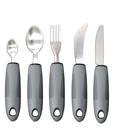 Extra Wide Handles Easy Grip Cutlery Set Chunky Handles Grips Disability Ideal Dining aid for Elderly Disabled Arthritis Parkinson's Disease Tremors Sufferers (5PCS Gray)