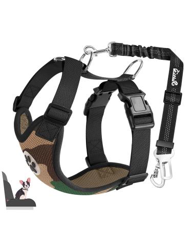 Eyin dog harness with seat belt for car 2 carabin hooks-combined with seat belt buckle child safety seat or trunk adjustable breathable dishes (camouflage color green s) camouflage color green s