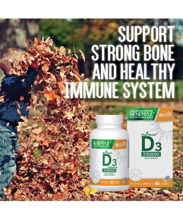 Benemax Vitamin D3 2500 IU For Healthy Bones Teeth and Helps Prevent Vitamin D Deficiency Plant Based & Vegan 60 Day Supply - Buy Online on GoSupps.com
