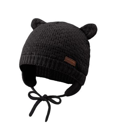 XIAOHAWANG Baby Earflap Beanie Hat Soft Baby Boy Knit Beanies Cute Bear Infant Toddler Girl Hats Autumn Winter 0-6 Months Black