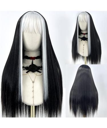 FUGADY Black and White Wig with Bangs Straight Wig with Bangs Cruella Wig Egirl Wig Wigs for Women Heat Resistant Wig Split Color Wig Cosplay Wig Party Wig (Synthetic 24 Inches) Storm - Black with White Bangs