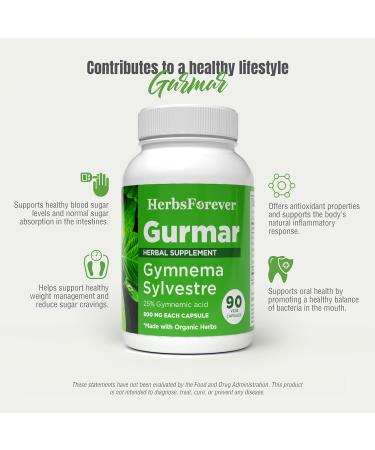 Herbsforever Gurmar Capsules | Gymnema Sylvestre Extract 7:1 | 90 Vegan Capsules | Ayurvedic Herbal Supplement | Supports Healthy Sugar Metabolism & Wellness 90 Count (Pack of 1) - Buy Online on GoSupps.com