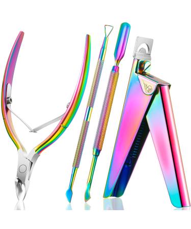 Acrylic Nail Clipper False Nail Tips Clipper Cuticle Trimmer Nipper with Cuticle Pusher Cuticle Remover Stainless Steel Rainbow Color Nail Manicure Set for Salon Home Nail