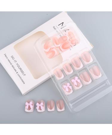 Shop 24Pcs French Tip Press On Nails - Short Square Fake Nails with 3D Bow Charm | Glossy Natural Acrylic Reusable Stick On Nails for Women & Girls - Buy Online on GoSupps.com