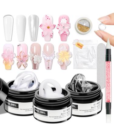 SUPWEE Solid Builder Gel 14g Pearl White 3D Nail Extension Kit Multifunctional with Chrome Powder and Silicone Pen for Home Manicure