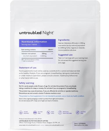 Untroubled Night Valerian Root 2000mg (120 Tablets) | Sleep Vitamin for Well-Rested Mind & Body | UK-Made - Buy Online on GoSupps.com