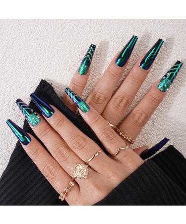Xerling Glossy Green Press-On Fake Nails with Rhinestones - Long Coffin Full Cover Tips (24 Pcs Pattern G) | International Shipping Available - Buy Online on GoSupps.com