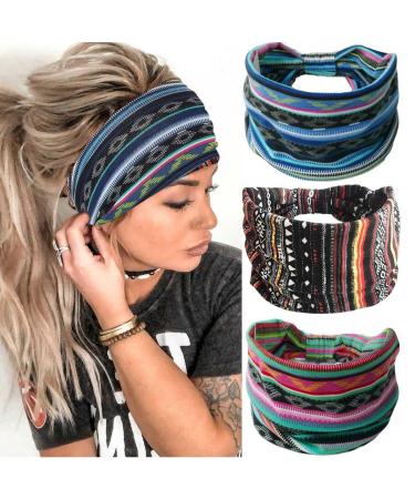 Catery Boho Headbands Blue Stretch Wide Head Bands Knotted Turban Head Wraps Floral Elastic Headband Fashion Sweatband Head Scarfs for Women and Girls Pack of 3 Bohemia