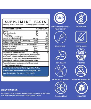 Height Growth Gummies for Kids & Teens Sugar Free Calcium Prebiotic FOS Magnesium Vitamin D3 K2 Zinc Ashwagandha Bone Strength Gut Health & Height Support Multivitamin Strawberry Flavor Strawberry 60 Count (P  - Buy Online on GoSupps.com