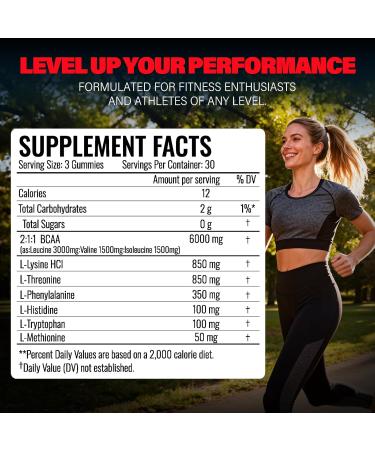 EAA Gummies - 2:1:1 BCAA Formula (8300mg) - Essential Amino Acids for Muscle Recovery & Endurance - Non-GMO Gluten Free Sugar Free Vegetarian Strawberry Flavor - 90 Count - Buy Online on GoSupps.com