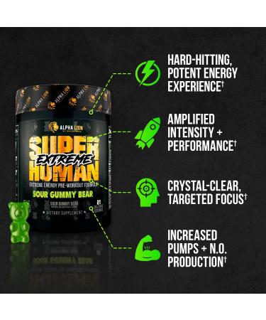 ALPHA LION Superhuman Extreme High Stim Pre Workout Powder Beta Alanine L-Taurine & 356mg Tri-Source Caffeine for Sustained Energy Nitric Oxide & Citrulline for Pump (21 Servings Sour Gummy Bear) - Buy Online on GoSupps.com