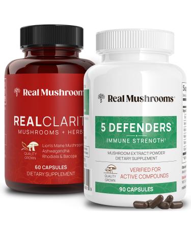 Real Mushrooms RealClarity (60ct) and 5 Defenders (90ct) Capsules Bundle - Mushroom Supplement for Mental Clarity Focus & Immune Strength - Vegan Non-GMO Verified Levels of Beta-Glucans