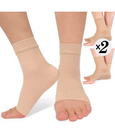 2 Pack Ankle Brace Compression Sleeve 8-15 mmHg Open Toe ompression Socks for Swelling Plantar Fasciitis Sprain Nano Brace for Women Men Beige S/M Beige (2 Pack) Small-Medium