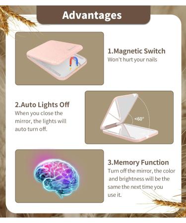 Rechargeable Wheat Straw Compact Mirror with Light - Natural Organic Fiber, 1x/3x Magnifying, Portable Travel Makeup Mirror - Pink - Buy Online on GoSupps.com