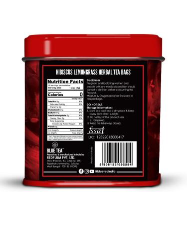 BLUE TEA - Hibiscus Lemongrass Herbal Tea - 18 Tea Bags | CAFFEINE FREE | Christmas Tea Gifts | Farm Packed Hibiscus Lemongrass Tea | Tin Pack - Buy Online on GoSupps.com