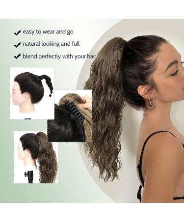 FINE PLUS 18 Claw Ponytail Hair Extension - Natural Wavy Highlights - Synthetic Hairpiece for Women - Blonde with Brown Highlights - Buy Online on GoSupps.com