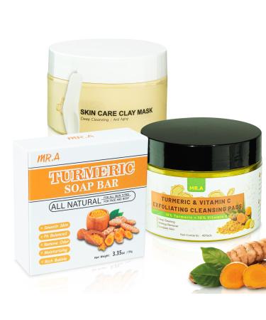 Turmeric Soap Bar Turmeric Face Clay Mask Turmeric Cleansing Pads Vitamin C Facial Mask for Pores Honey Tumeric Soap for all skin type Turmeric Exfoliating Pads Turmeric Face Wash