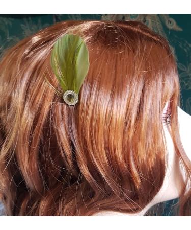Bridal Bridesmaid Feather Hair Grip Prong Olive Green and Gem Hair Piece