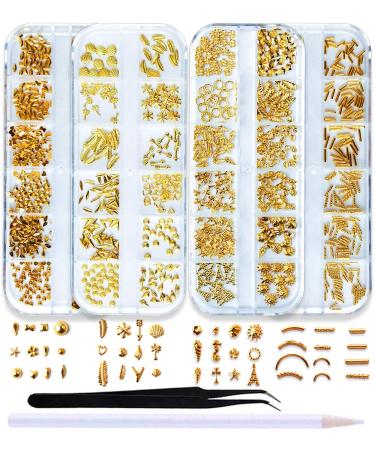 SILPECWEE 1200Pcs Gold Metal Nail Art Studs Set Feather Shell Nail Charm Flat-Back Nail Crystals Manicure 3d Decoration With 1Pc Tweezers 1Pc Picker Pencil NO1