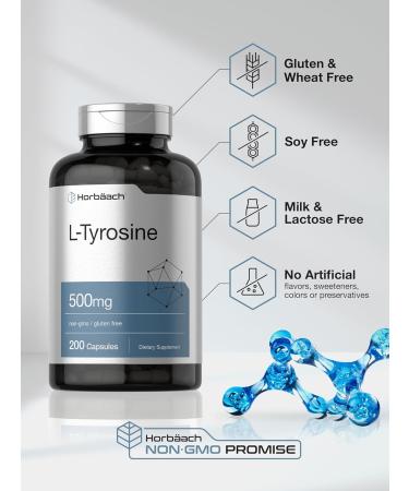 Horb ach L Tyrosine Supplement | 500mg | 200 Capsules | Free Form | Non GMO Gluten Free Supplement - Buy Online on GoSupps.com