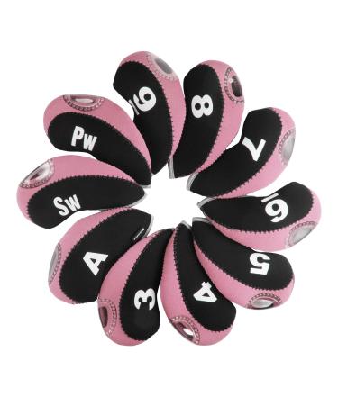 Andux Number Print Golf Iron Club Head Covers with Transparent Window 10pcs/Set Black/pink
