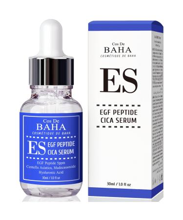 Cos De BAHA EGF Peptide 5ppm Cica Serum 1 Fl Oz Centella Asiatica Hyaluronic Acid & Panthenol Lightweight Face Serum for Smooth Looking Skin (30 ml)
